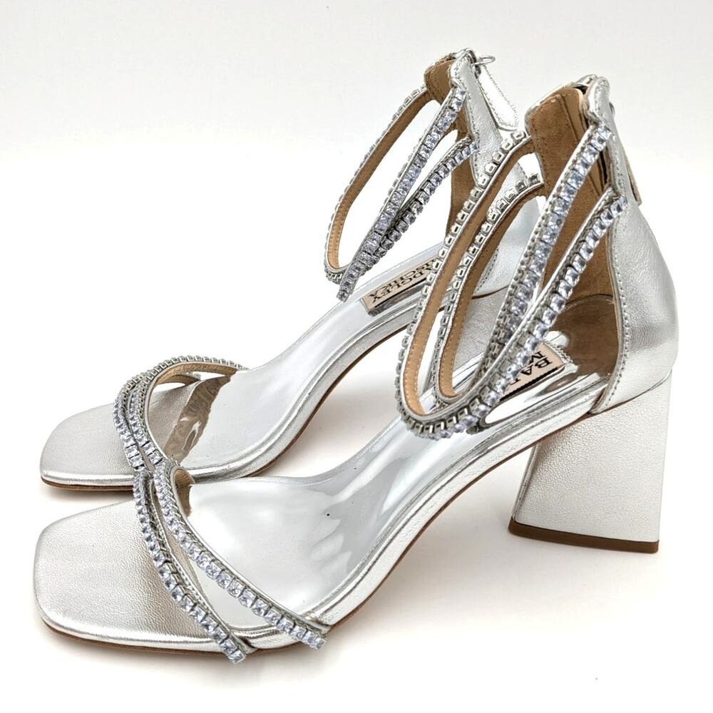 Badgley Mischka Lillie Women's Crystal Dual-Strapped Block Heels Sliver Size 7